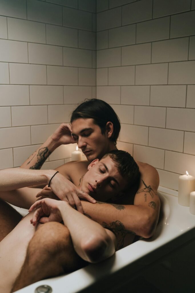 Men in bath after sharing a gay massage