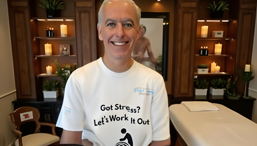 Therapist wearing his corporate t shirt